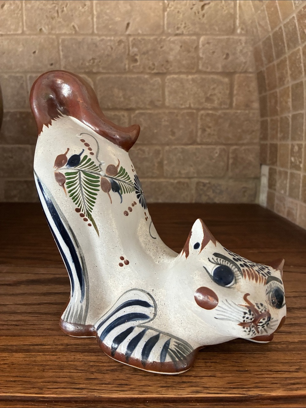 Handcrafted Ceramic Cat Accent in Cream and Brown with Painted Floral Motif